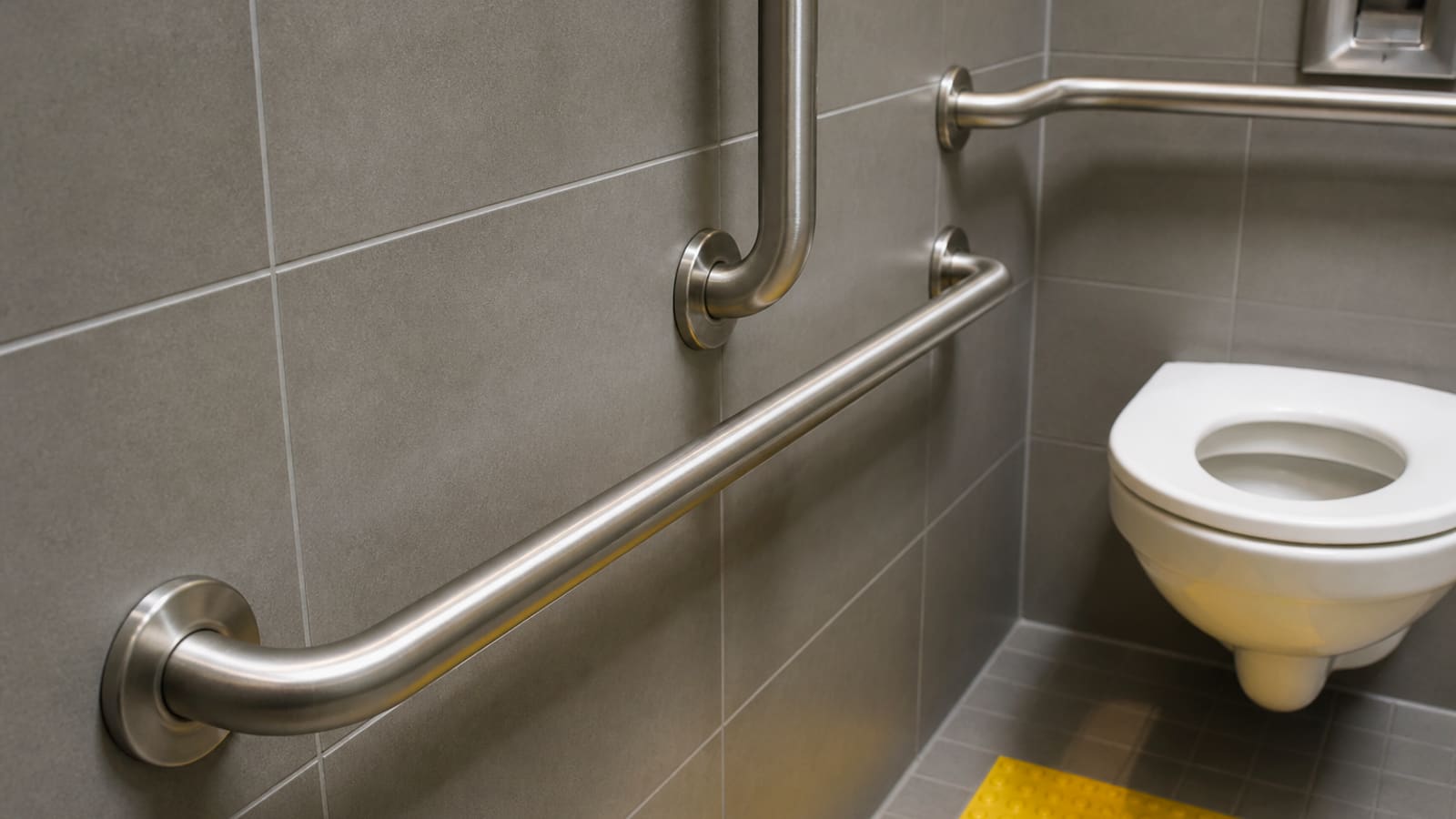 WC ve koridor duvarına monte edilmiş erişilebilir tutunma barı