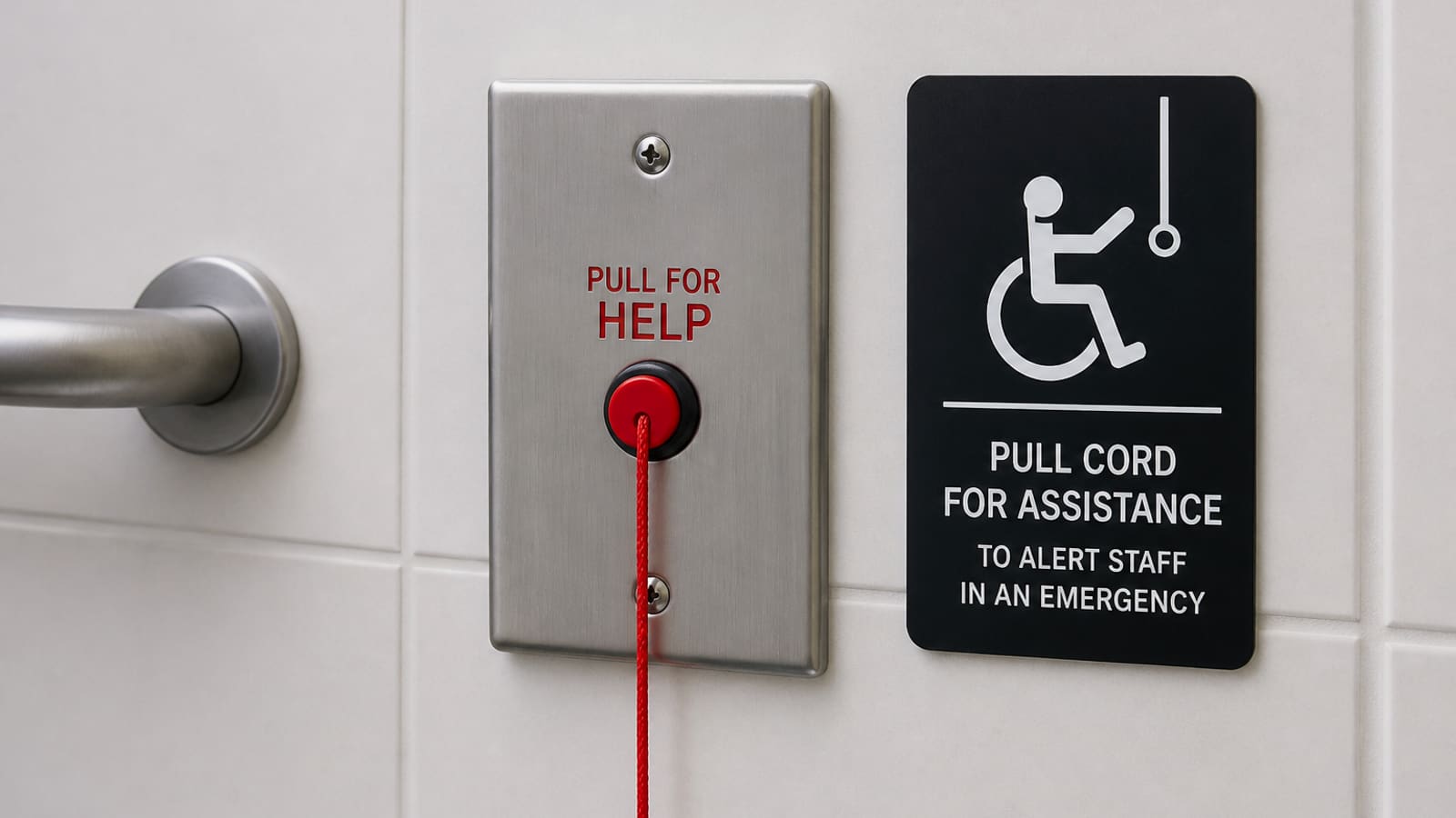 Engelli WC’de ipli acil çağrı butonu ve çekme ipi